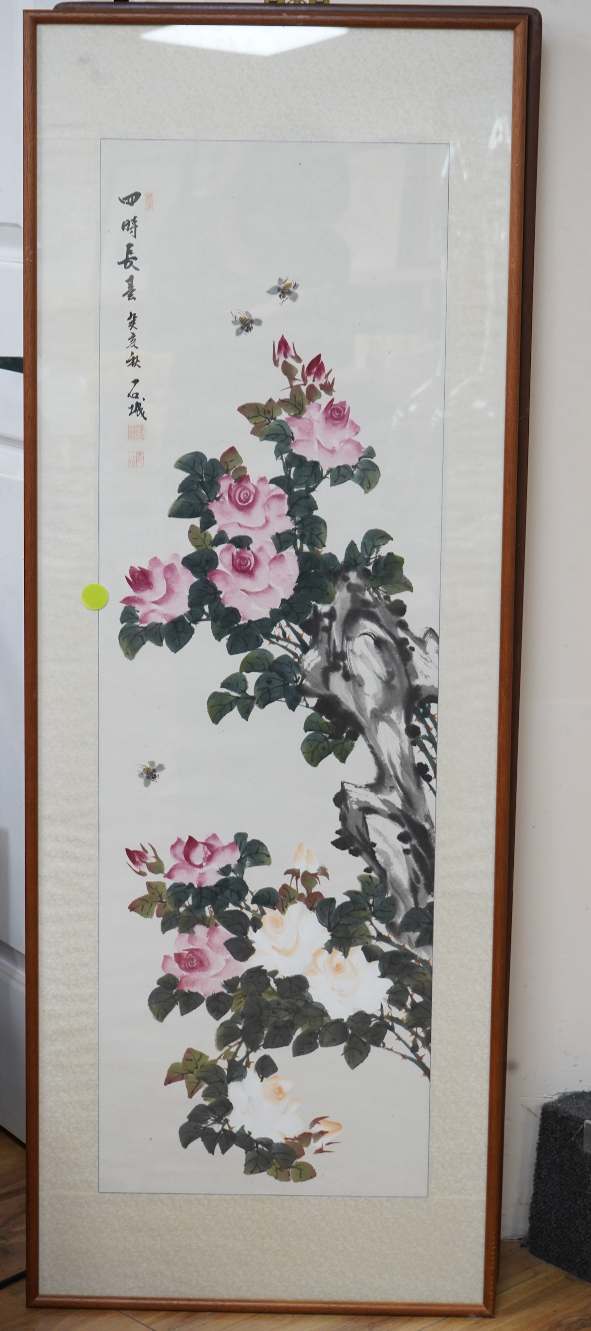 A pair of Chinese floral painted panels, signed with character marks and red seal marks, framed, 92 x 31cm